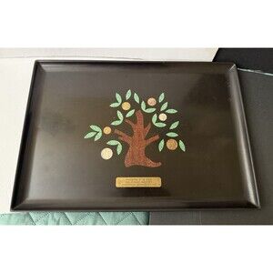 Vintage Couroc of Monterey Tray Inlaid Tree Coins Green Leaves inscribed